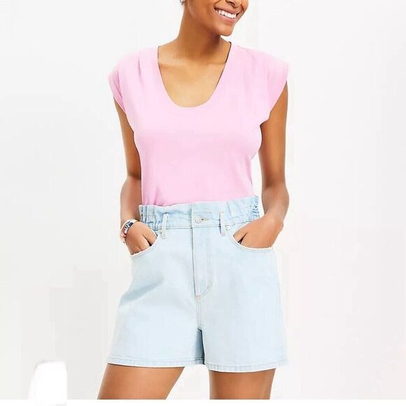 LOFT Paperbag Pull On Denim Shorts High Rise Light Indigo Wash NWT Womens Size 6 - Picture 9 of 10